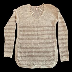 Francesca's Alya Tan Striped Long Sleeve V Neck Career Casual Sweater Medium